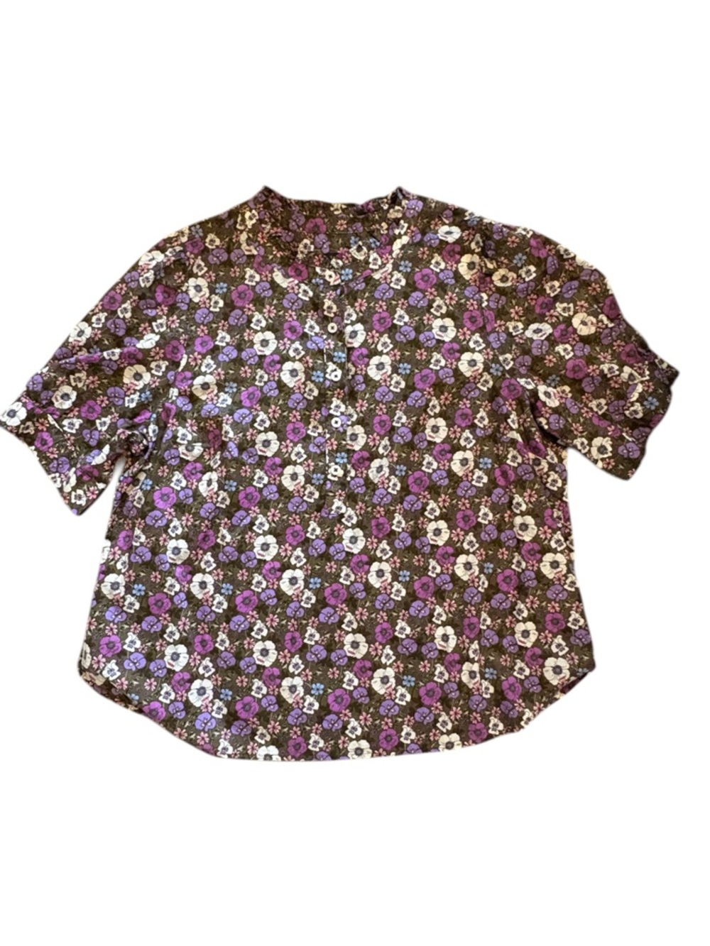 Talbots Floral Button-Front Ruffled Collar Blouse – Purple, Cream & Brown - Picture 7 of 12